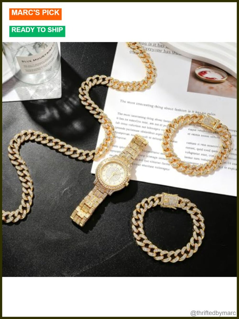 Men's 4pc Cuban Link Jewelry Set with Diamond Watch & Bracelets Stainless Steel - Picture 3 of 6